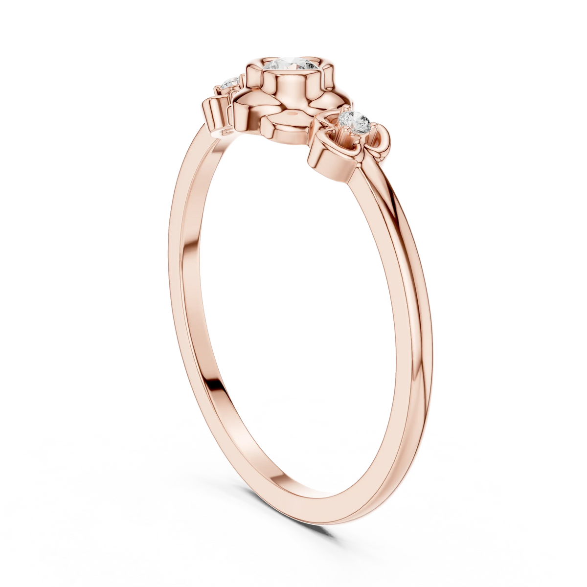 Floral Bezel Three Stone Moissanite Ring in rose 925 sterling silver, view 1