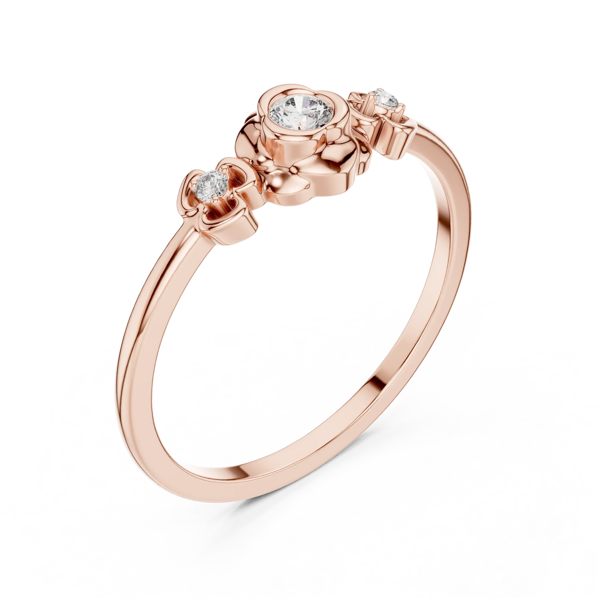 Floral Bezel Three Stone Moissanite Ring in rose 925 sterling silver, view 2