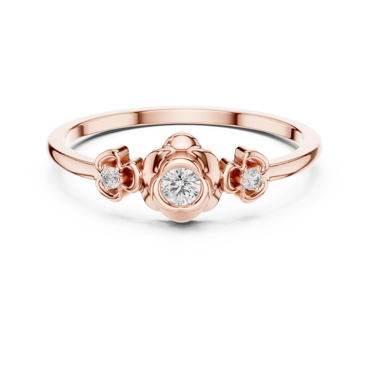 Floral Bezel Three Stone Moissanite Ring in rose 925 sterling silver, view 4