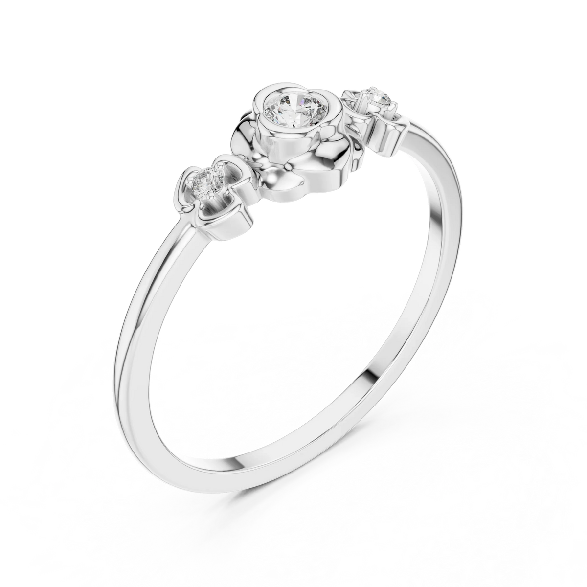Floral Bezel Three Stone Moissanite Ring in white 925 sterling silver, view 2