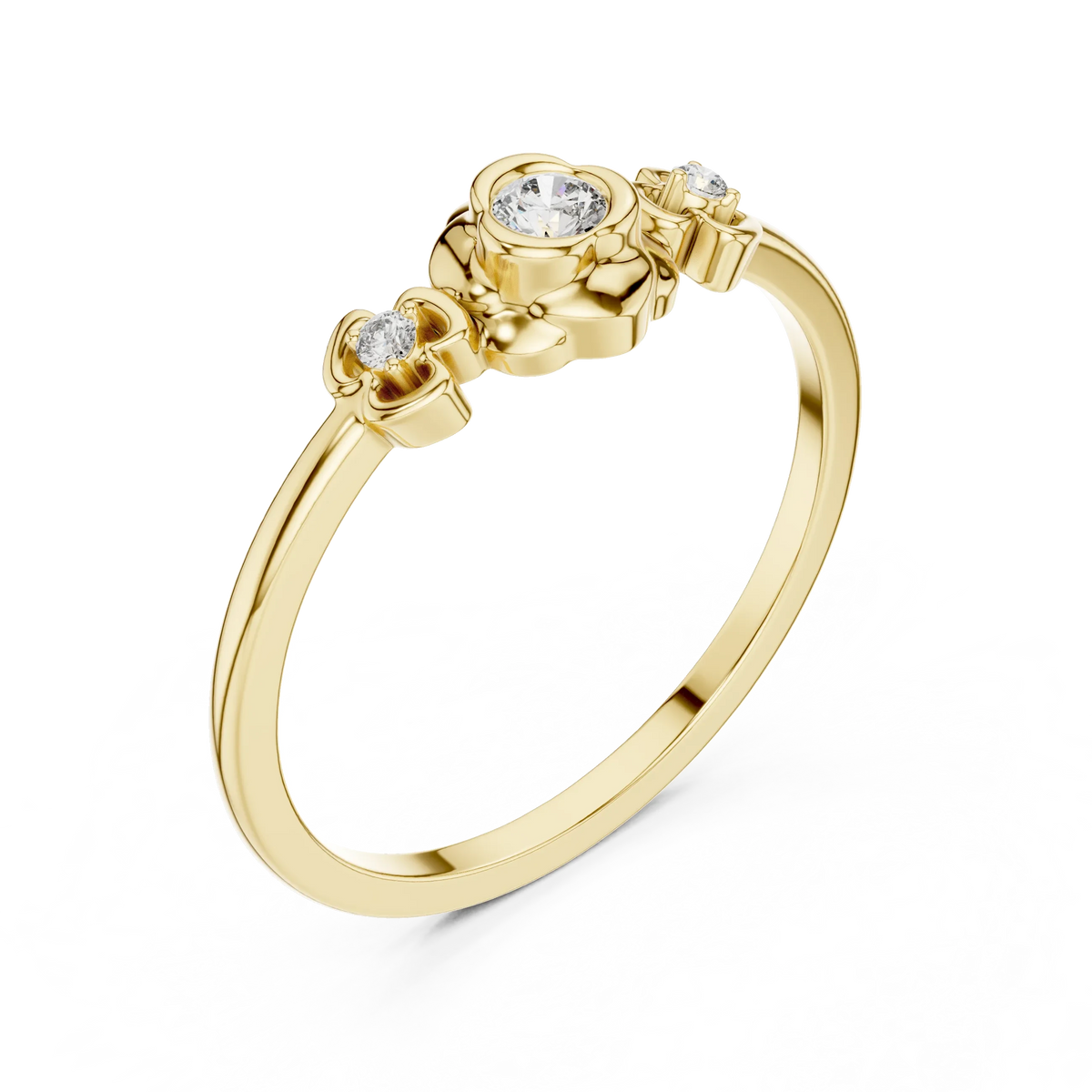 Floral Bezel Three Stone Moissanite Ring in yellow 925 sterling silver, view 2
