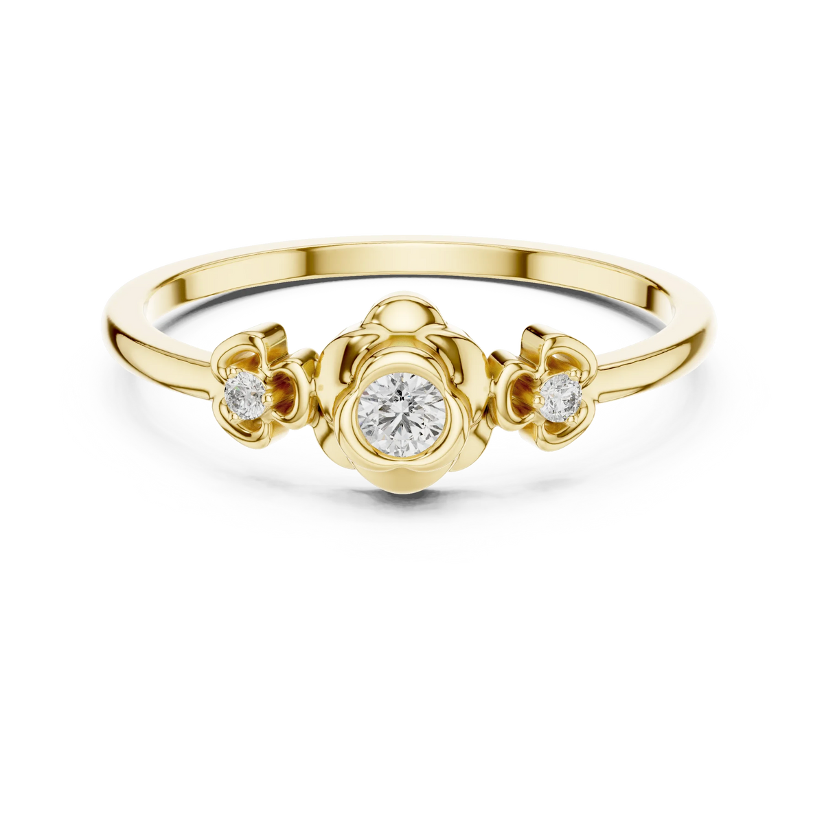 Floral Bezel Three Stone Moissanite Ring in yellow 925 sterling silver, view 4