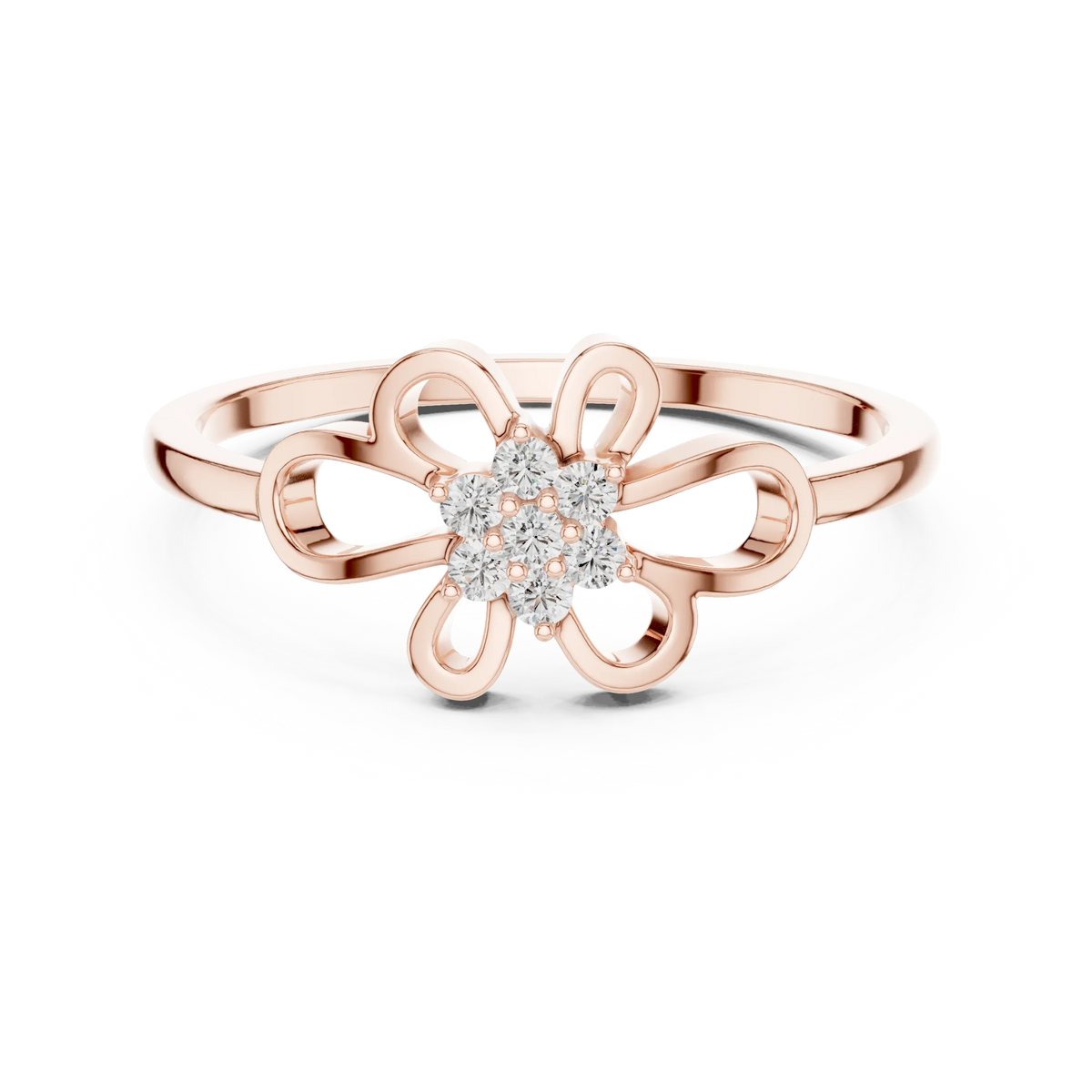 Open Loop Four Petal Flower Cluster Moissanite Ring in rose 925 sterling silver, view 4