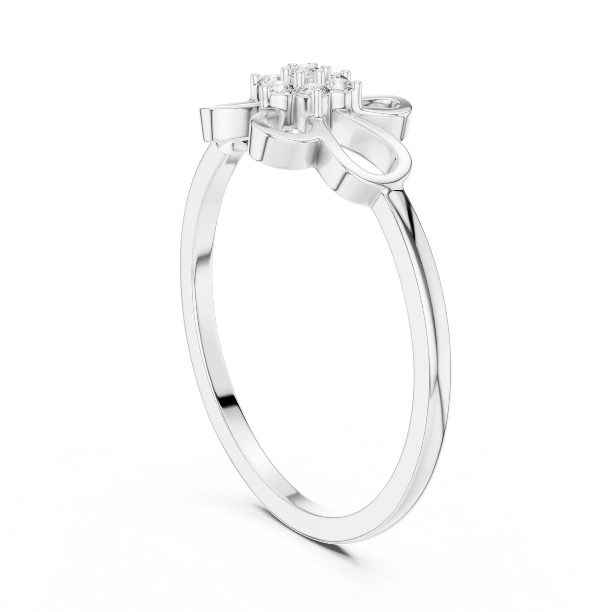 Open Loop Four Petal Flower Cluster Moissanite Ring in white 925 sterling silver, view 1