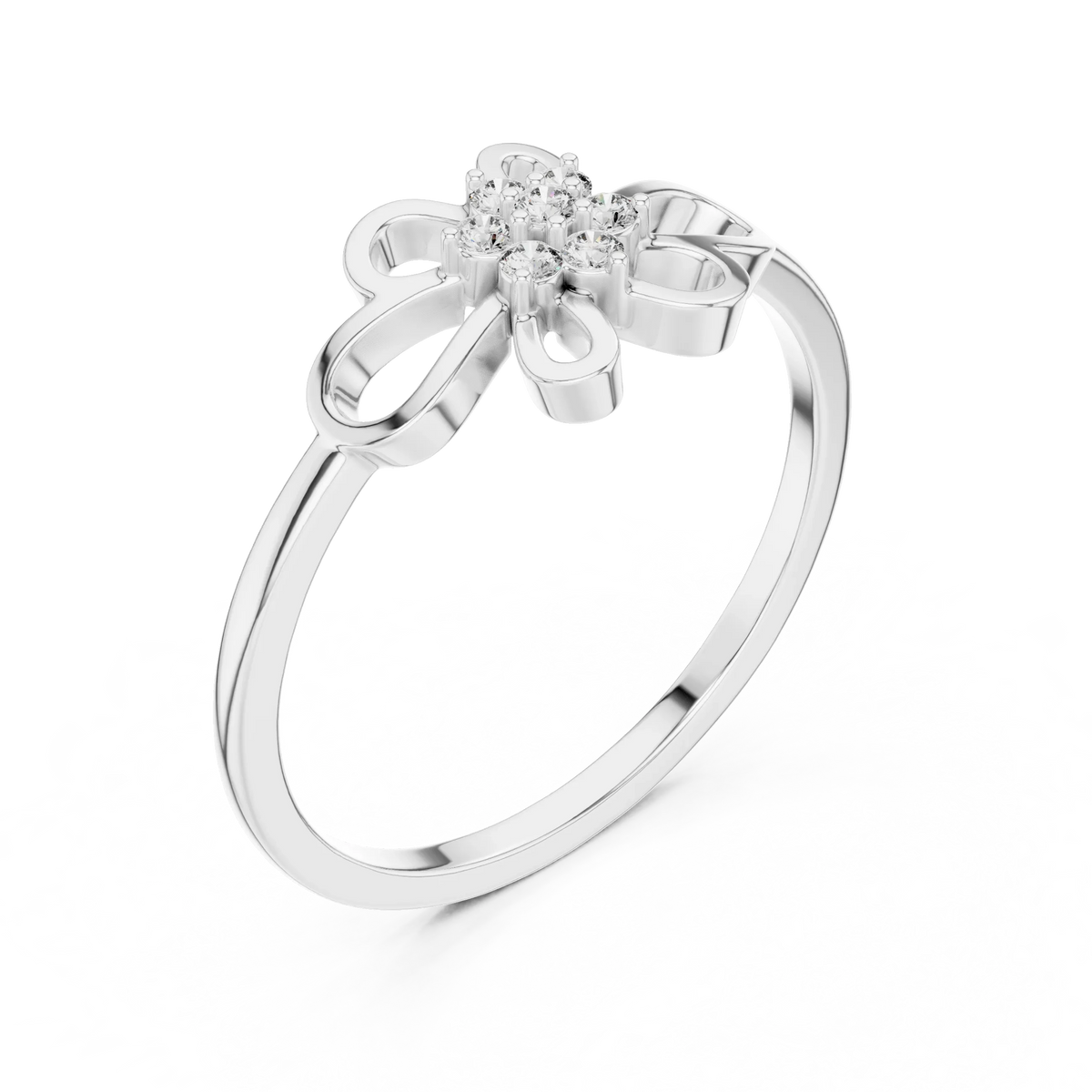 Open Loop Four Petal Flower Cluster Moissanite Ring in white 925 sterling silver, view 2