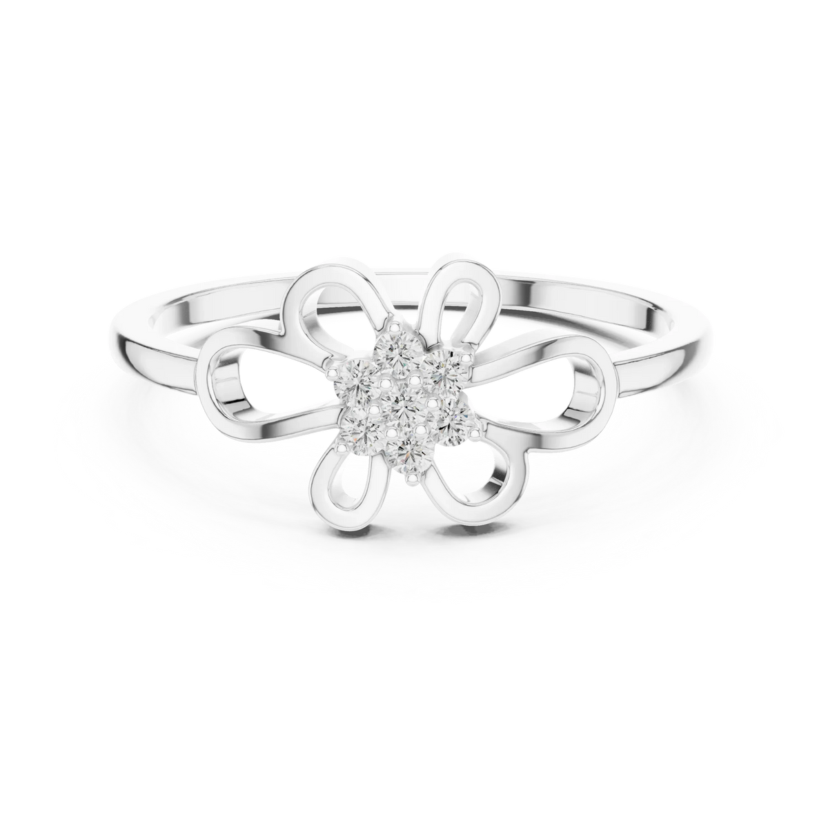 Open Loop Four Petal Flower Cluster Moissanite Ring in white 925 sterling silver, view 4