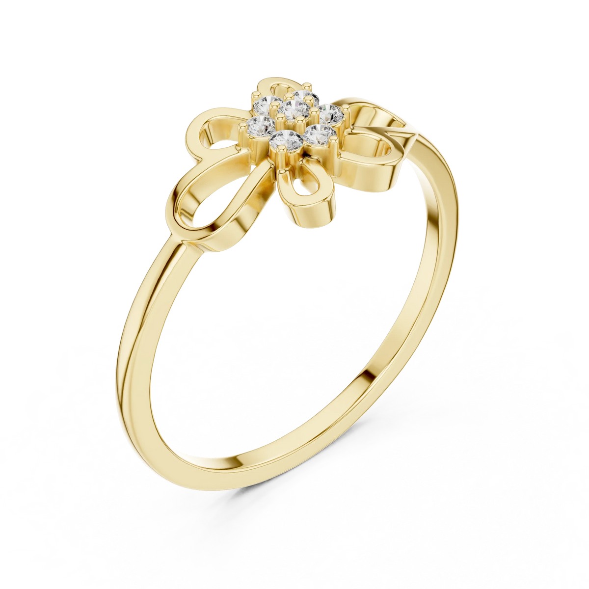 Open Loop Four Petal Flower Cluster Moissanite Ring in yellow 925 sterling silver, view 2