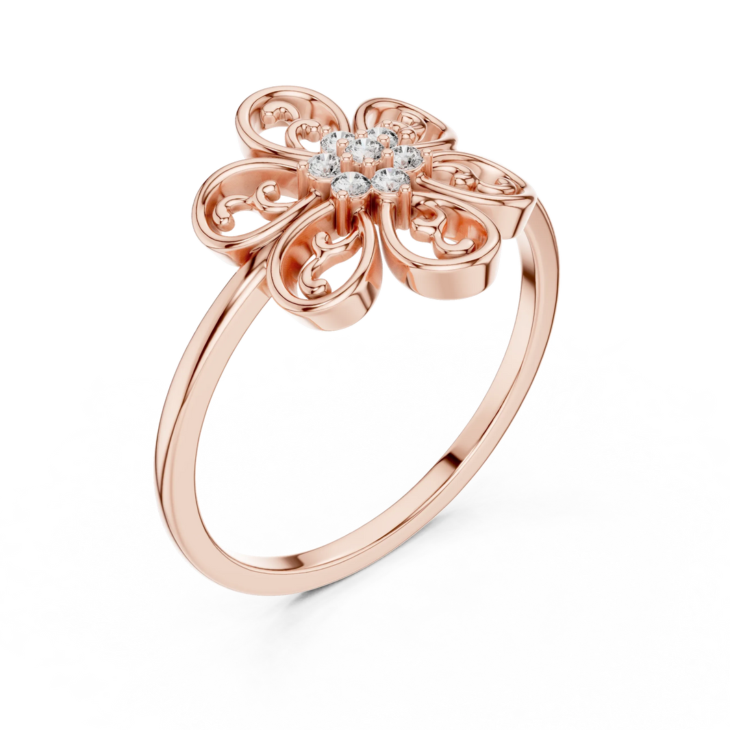 Filigree Scroll Six Petal Flower Cluster Moissanite Ring in rose 925 sterling silver, view 2