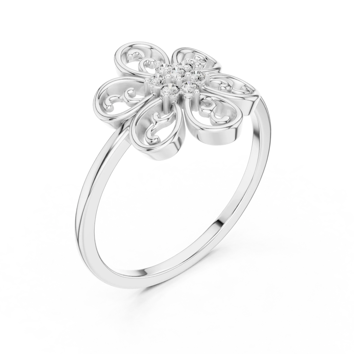 Filigree Scroll Six Petal Flower Cluster Moissanite Ring in white 925 sterling silver, view 2