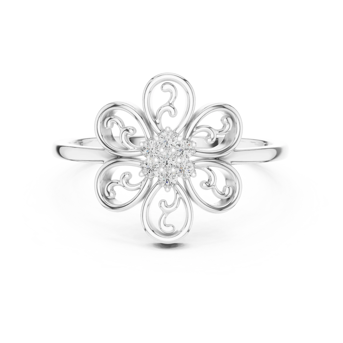 Filigree Scroll Six Petal Flower Cluster Moissanite Ring in white 925 sterling silver, view 4