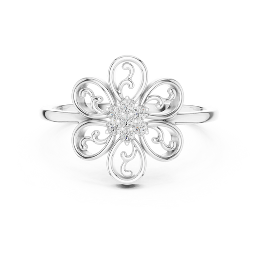 Filigree Scroll Six Petal Flower Cluster Moissanite Ring in white 925 sterling silver, view 4