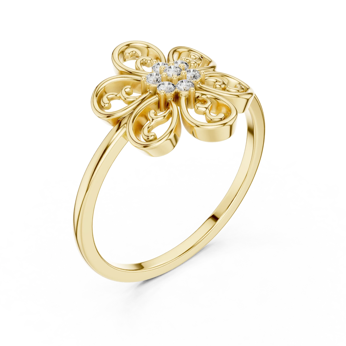 Filigree Scroll Six Petal Flower Cluster Moissanite Ring in yellow 925 sterling silver, view 2