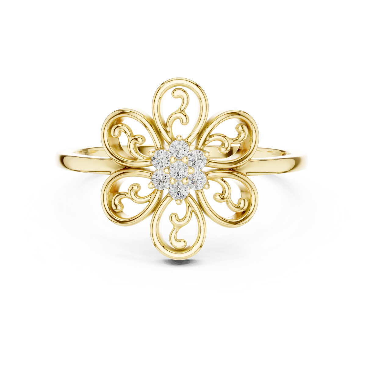 Filigree Scroll Six Petal Flower Cluster Moissanite Ring in yellow 925 sterling silver, view 4