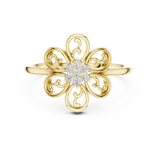 Filigree Scroll Six Petal Flower Cluster Moissanite Ring in yellow 925 sterling silver, view 4
