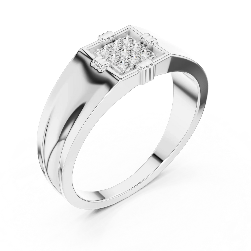 Square Nine Stone Cluster Signet Moissanite Ring in white 925 sterling silver, view 2