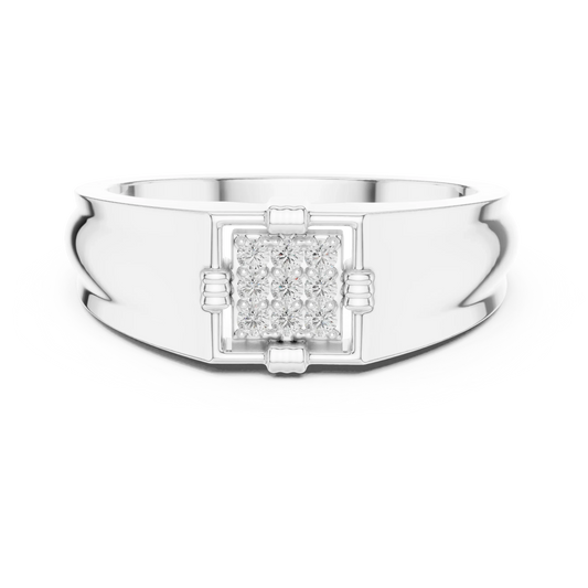 Square Nine Stone Cluster Signet Moissanite Ring in white 925 sterling silver, view 4