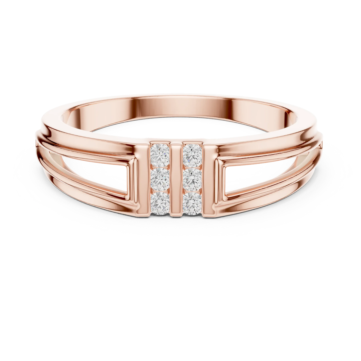 Open Panel Twin Channel Six Stone Moissanite Ring in rose 925 sterling silver, view 4