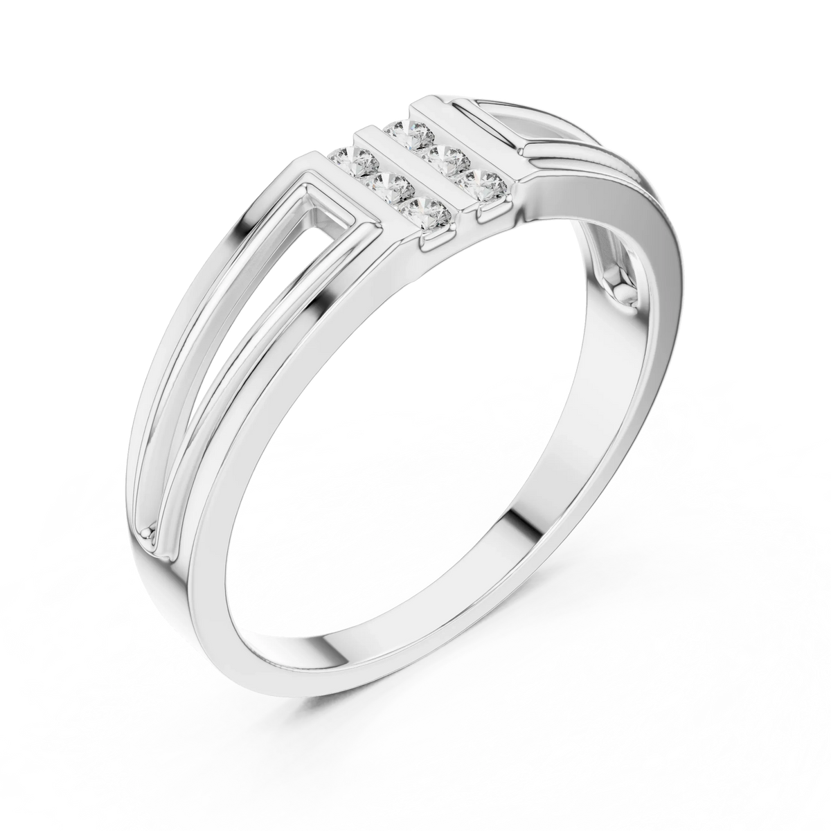 Open Panel Twin Channel Six Stone Moissanite Ring in white 925 sterling silver, view 2