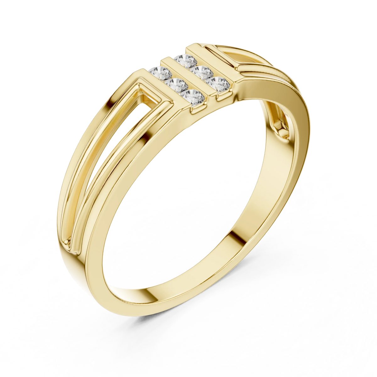 Open Panel Twin Channel Six Stone Moissanite Ring in yellow 925 sterling silver, view 2