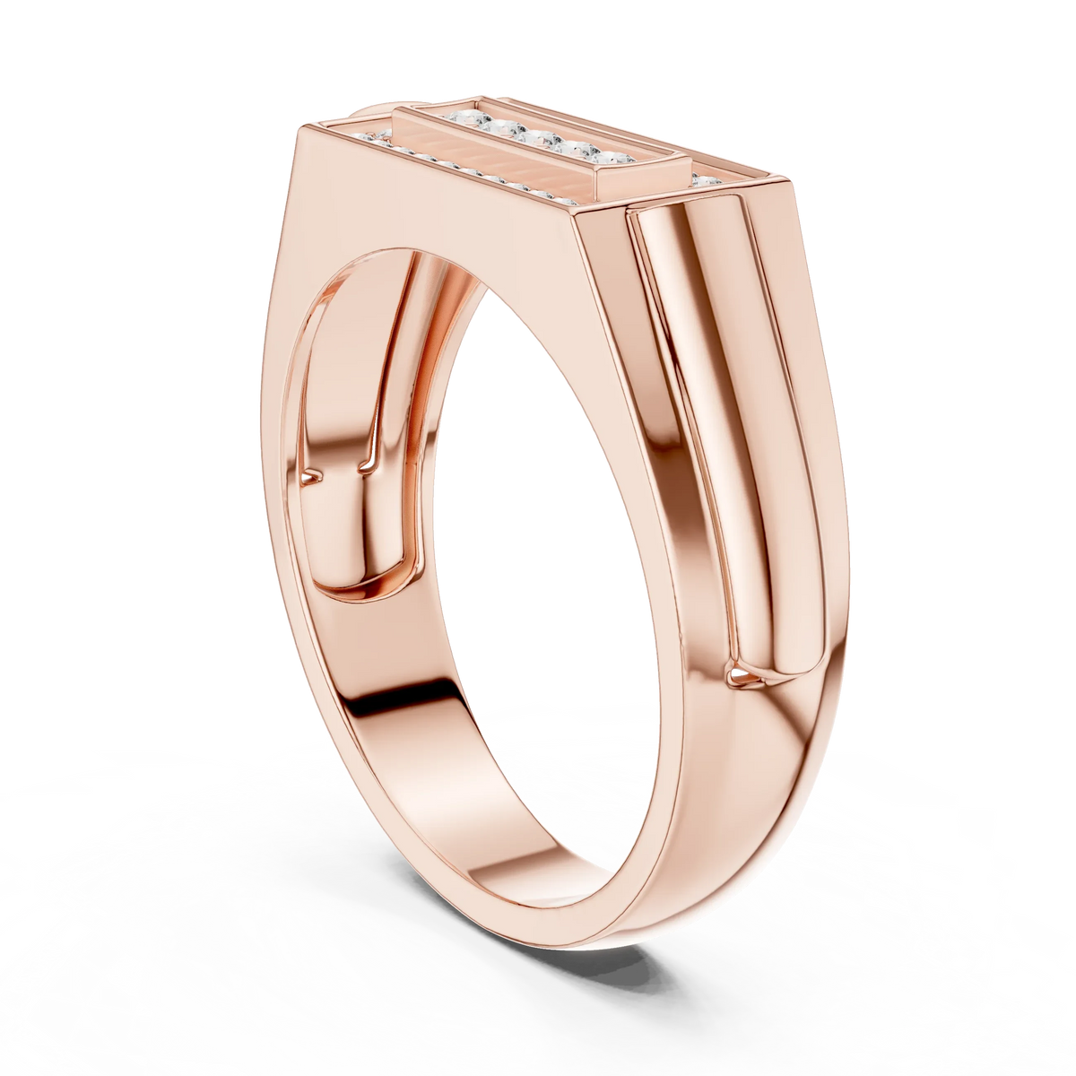Rectangle Pavé Frame Five Stone Signet Moissanite Ring in rose 925 sterling silver, view 1