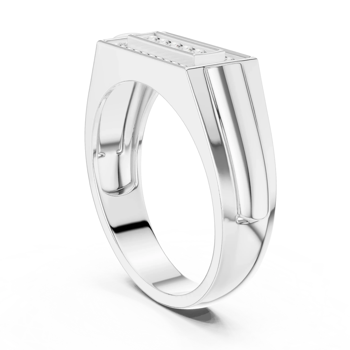 Rectangle Pavé Frame Five Stone Signet Moissanite Ring in white 925 sterling silver, view 1