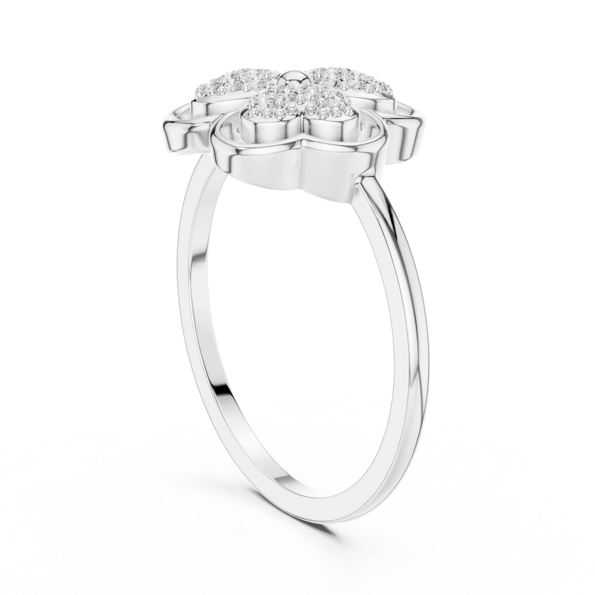 Pavé Heart Petal Clover Moissanite Ring in white 925 sterling silver, view 1