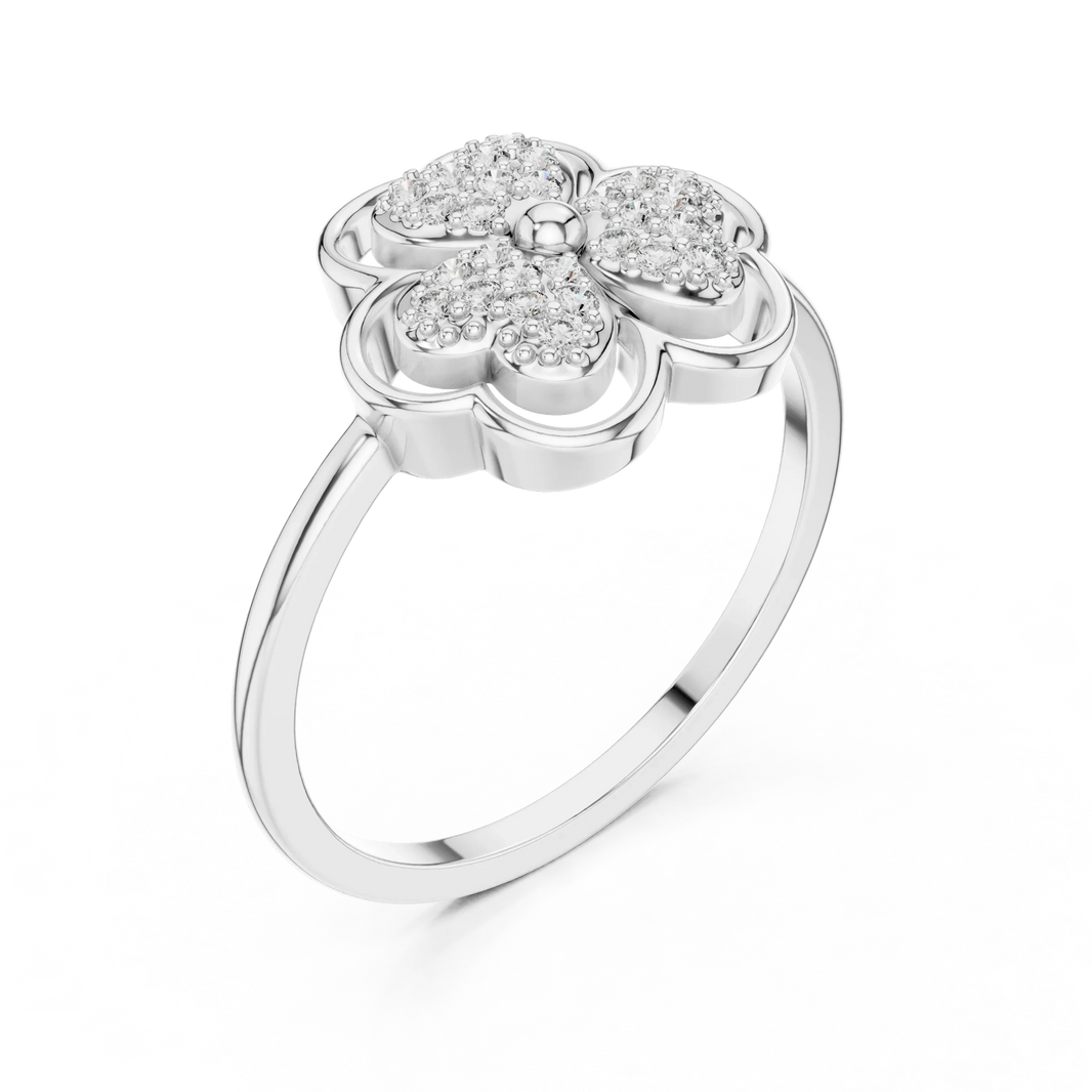 Pavé Heart Petal Clover Moissanite Ring in white 925 sterling silver, view 2