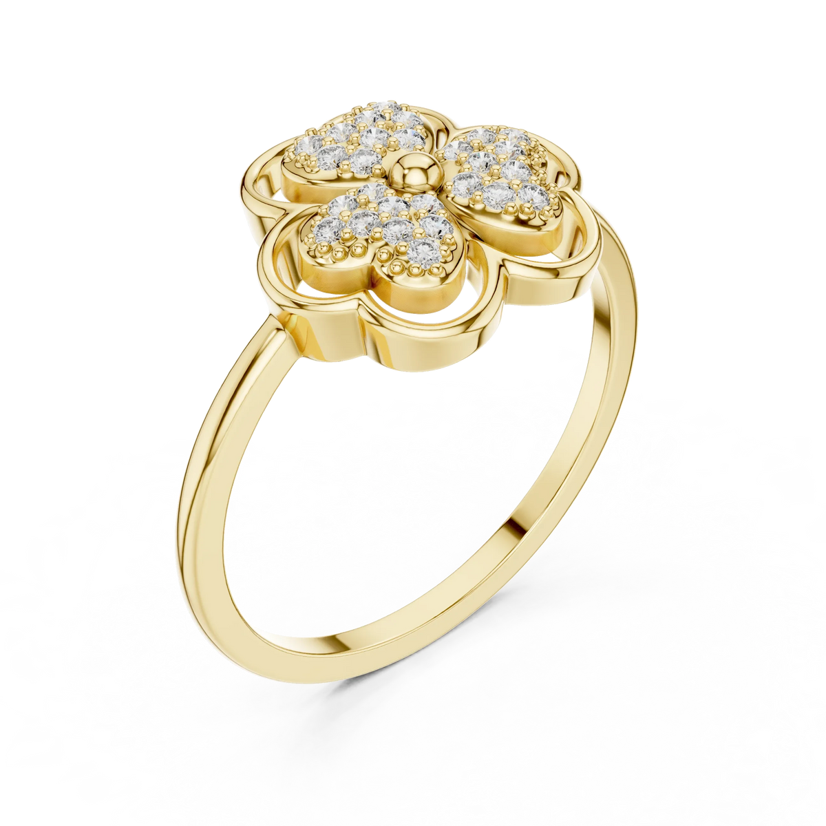 Pavé Heart Petal Clover Moissanite Ring in yellow 925 sterling silver, view 2