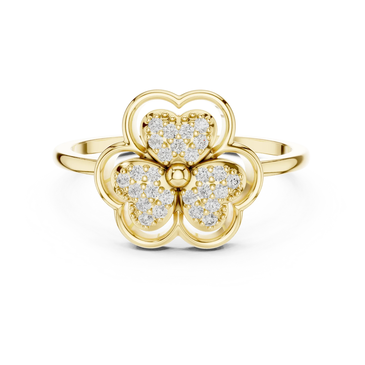 Pavé Heart Petal Clover Moissanite Ring in yellow 925 sterling silver, view 4