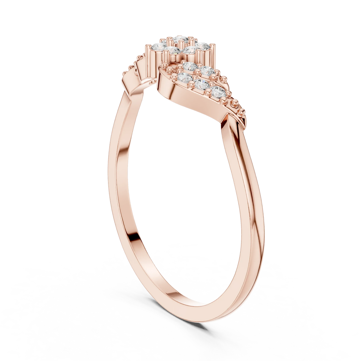 Bypass Swirl Leaf Flower Cluster Moissanite Ring in rose 925 sterling silver, view 1