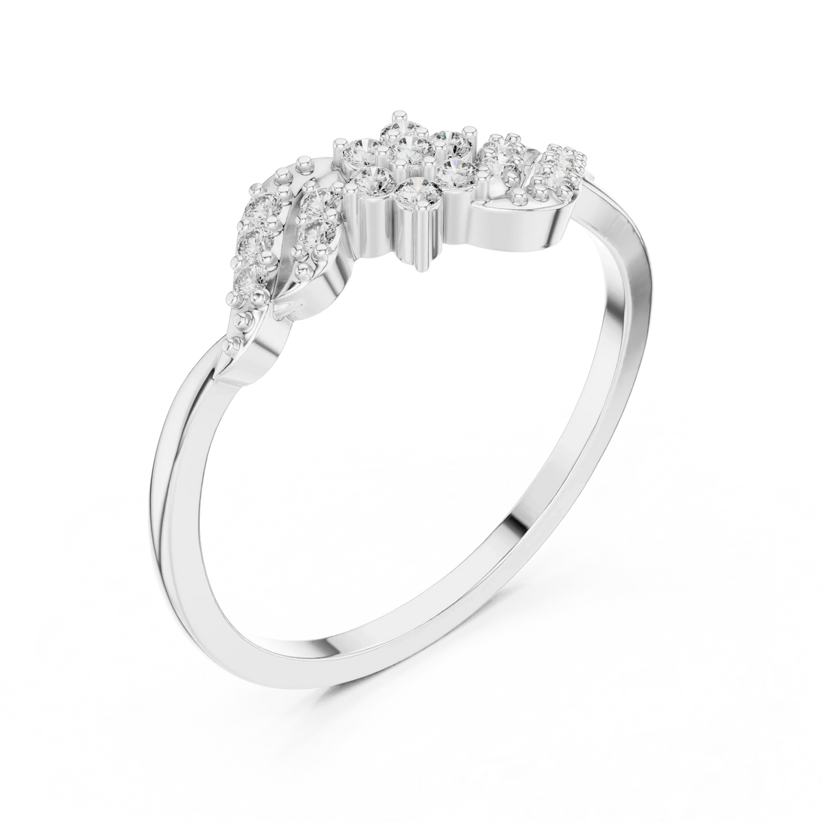 Bypass Swirl Leaf Flower Cluster Moissanite Ring in white 925 sterling silver, view 2