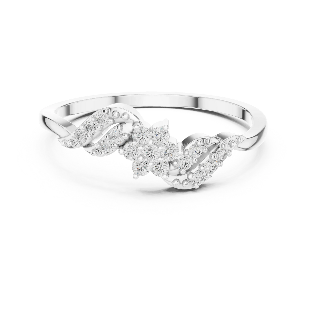 Bypass Swirl Leaf Flower Cluster Moissanite Ring in white 925 sterling silver, view 4