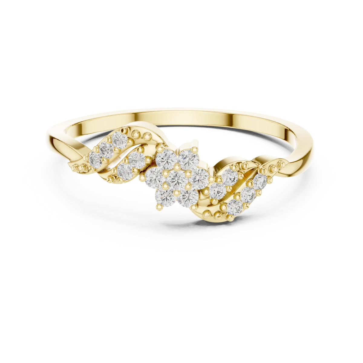 Bypass Swirl Leaf Flower Cluster Moissanite Ring in yellow 925 sterling silver, view 4