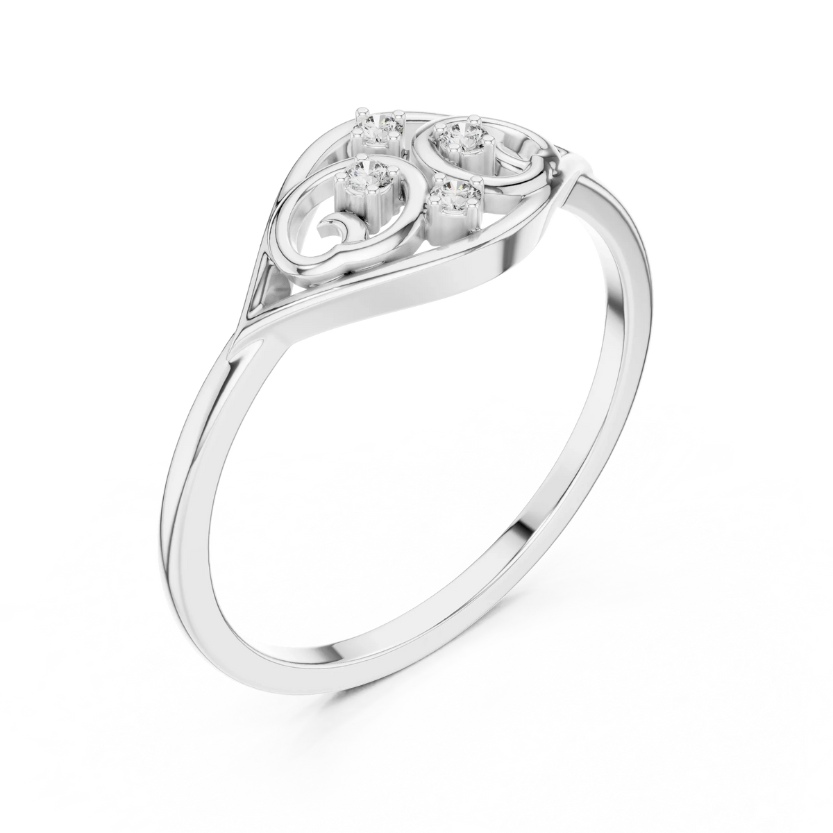 Open Eye Scroll Four Stone Moissanite Ring in white 925 sterling silver, view 2