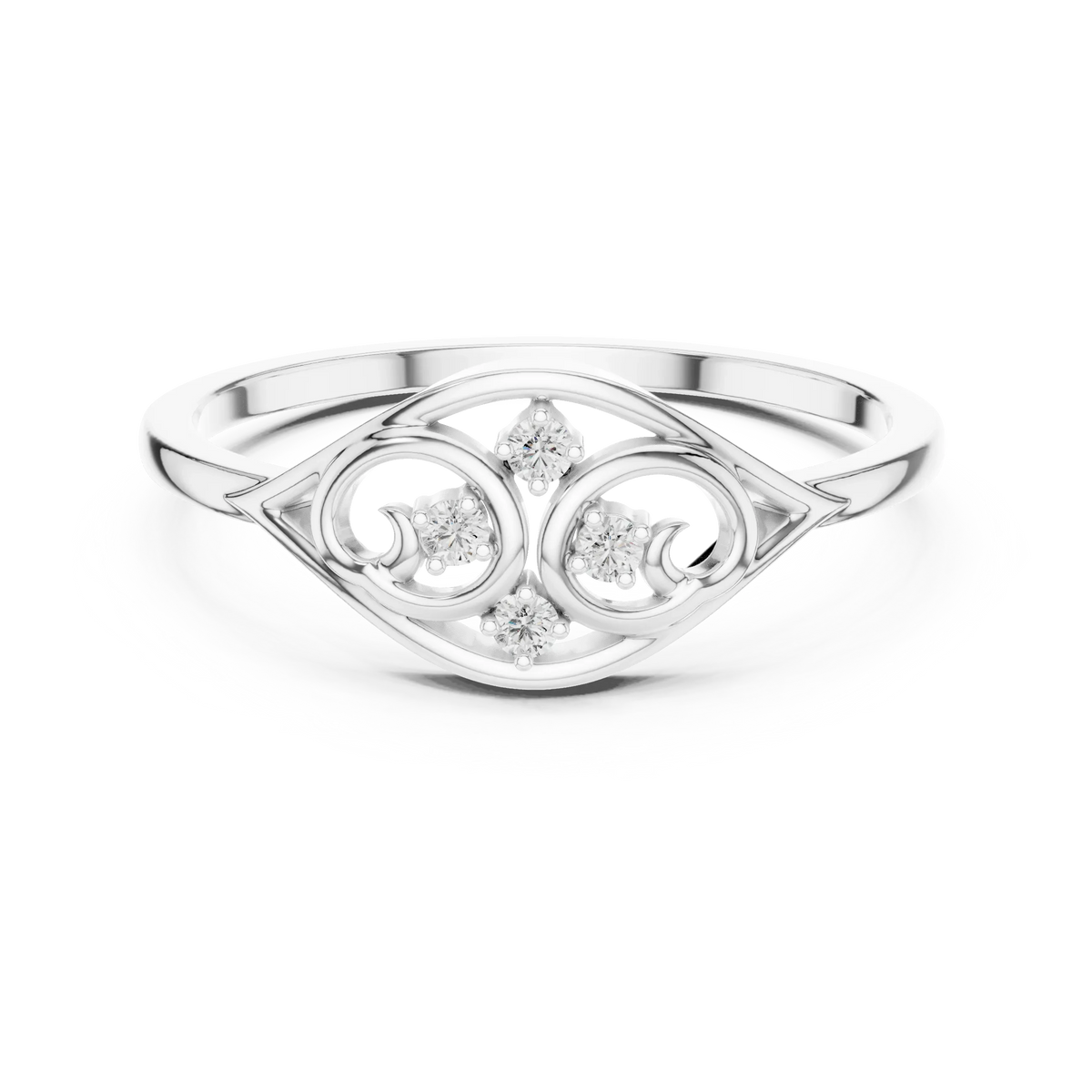 Open Eye Scroll Four Stone Moissanite Ring in white 925 sterling silver, view 4