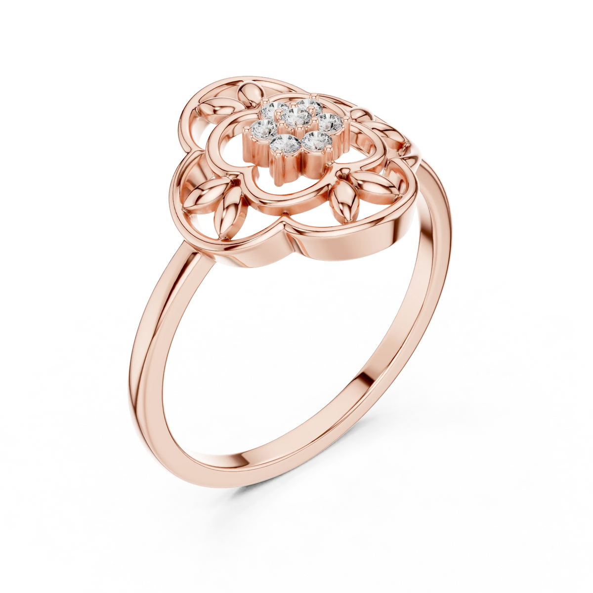 Openwork Quatrefoil Leaf Flower Cluster Moissanite Ring in rose 925 sterling silver, view 2