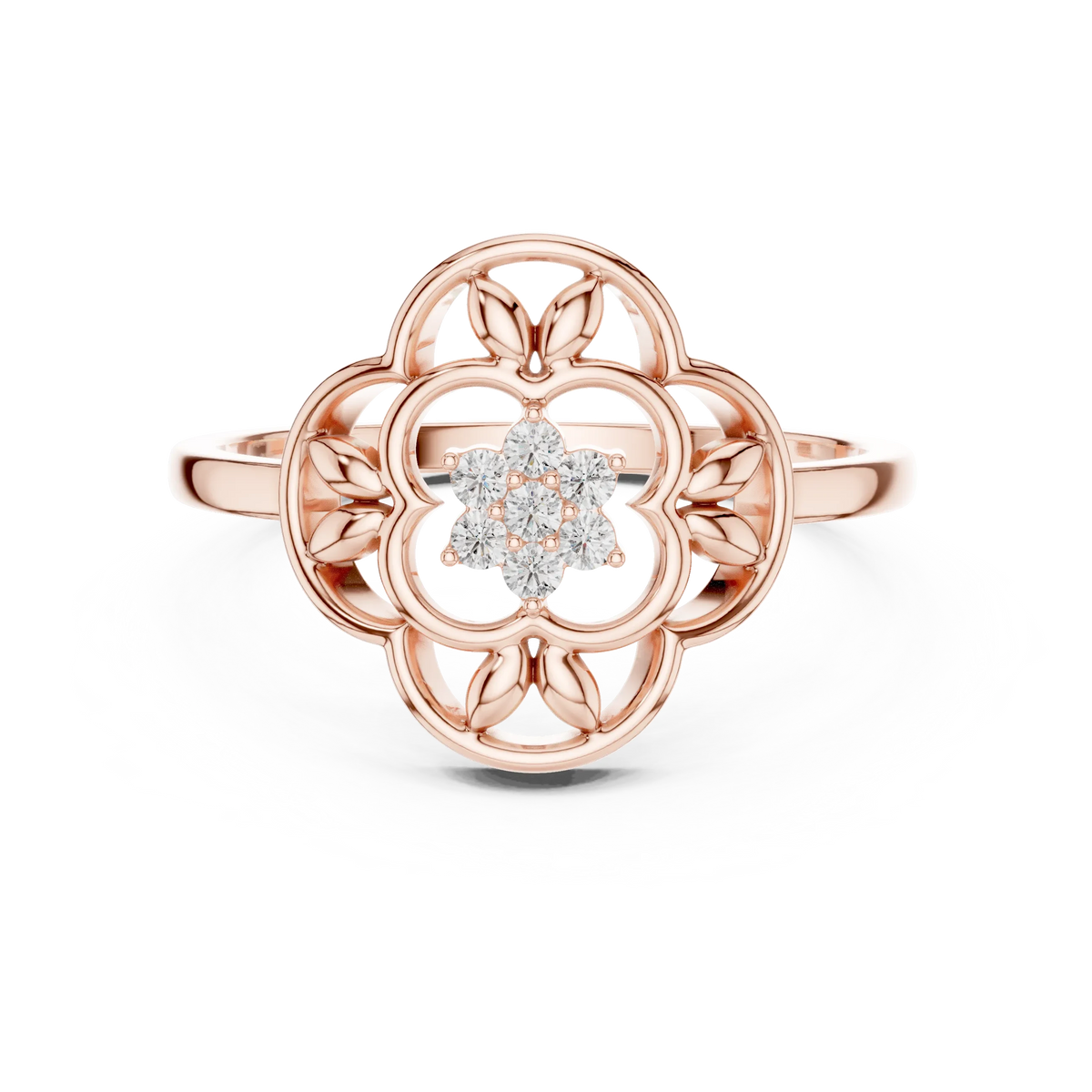 Openwork Quatrefoil Leaf Flower Cluster Moissanite Ring in rose 925 sterling silver, view 4