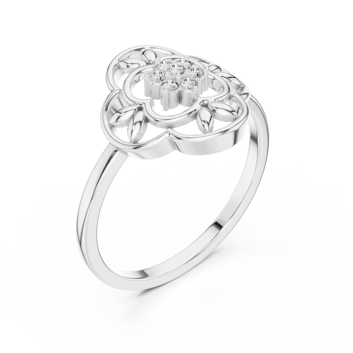 Openwork Quatrefoil Leaf Flower Cluster Moissanite Ring in white 925 sterling silver, view 2