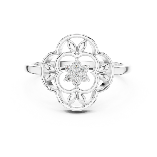 Openwork Quatrefoil Leaf Flower Cluster Moissanite Ring in white 925 sterling silver, view 4