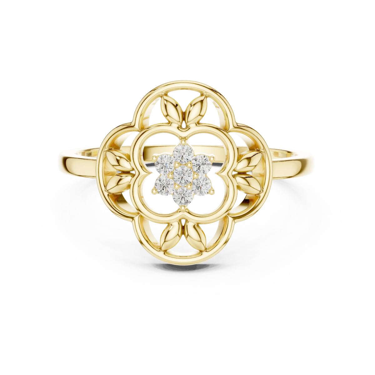 Openwork Quatrefoil Leaf Flower Cluster Moissanite Ring in yellow 925 sterling silver, view 4