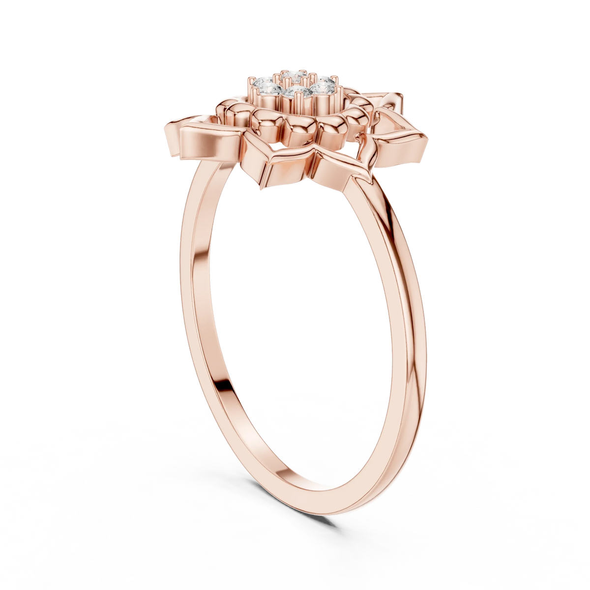 Lotus Mandala Flower Cluster Moissanite Ring in rose 925 sterling silver, view 1