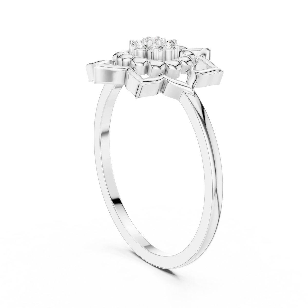Lotus Mandala Flower Cluster Moissanite Ring in white 925 sterling silver, view 1