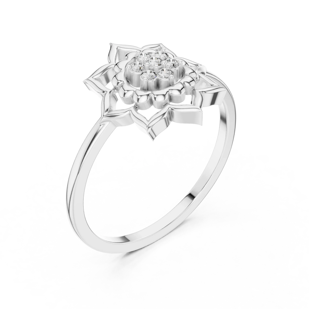 Lotus Mandala Flower Cluster Moissanite Ring in white 925 sterling silver, view 2