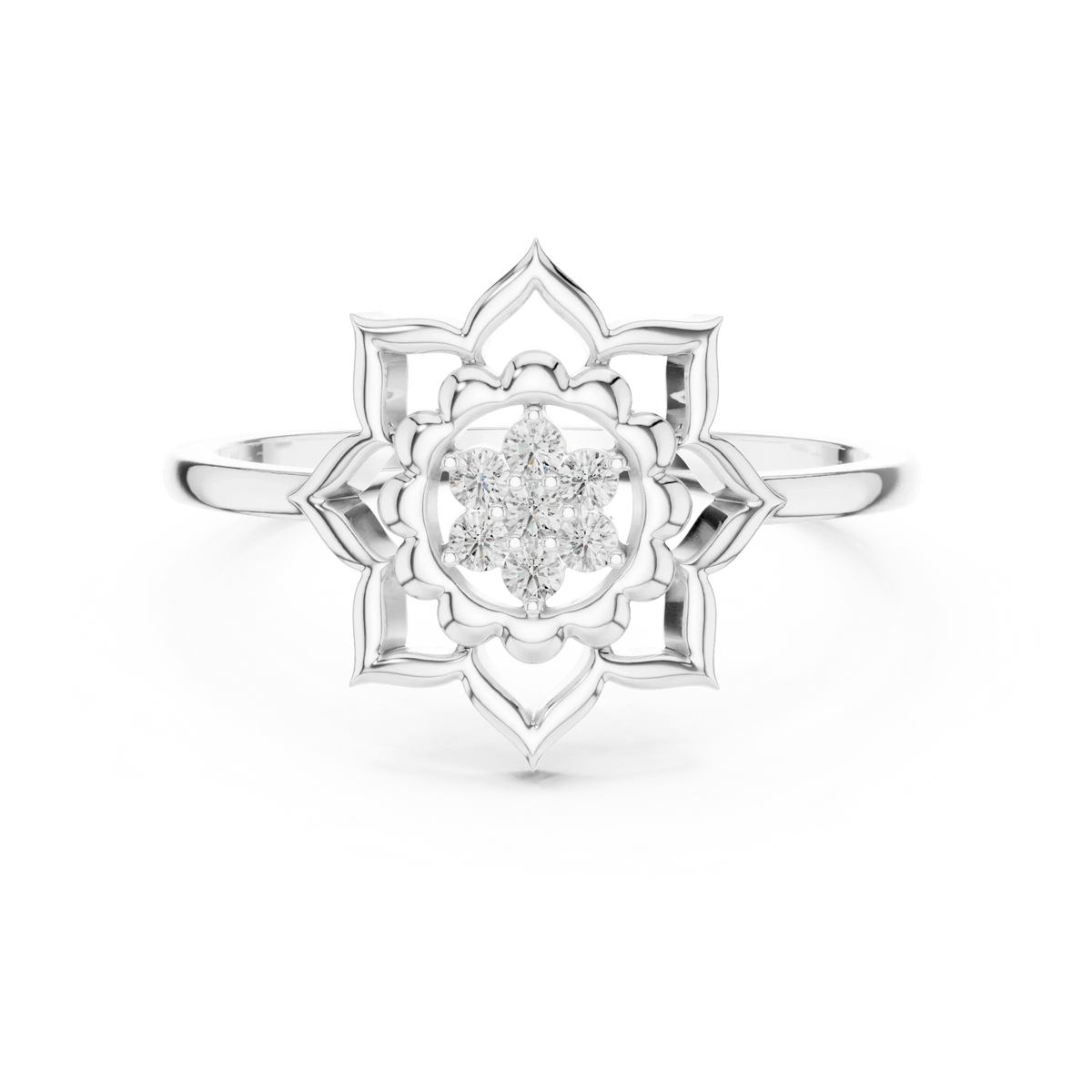 Lotus Mandala Flower Cluster Moissanite Ring in white 925 sterling silver, view 4