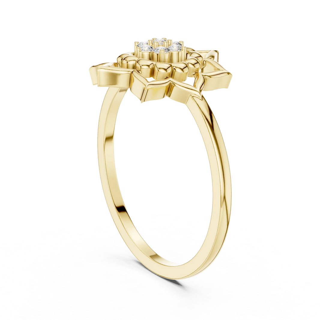 Lotus Mandala Flower Cluster Moissanite Ring in yellow 925 sterling silver, view 1