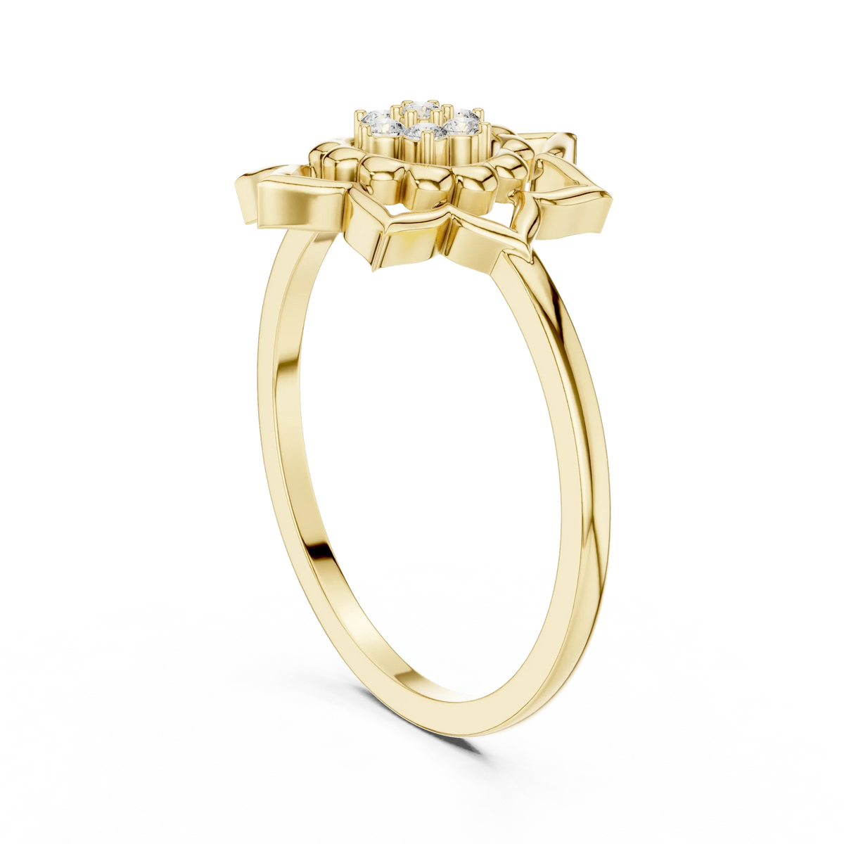 Lotus Mandala Flower Cluster Moissanite Ring in yellow 925 sterling silver, view 1