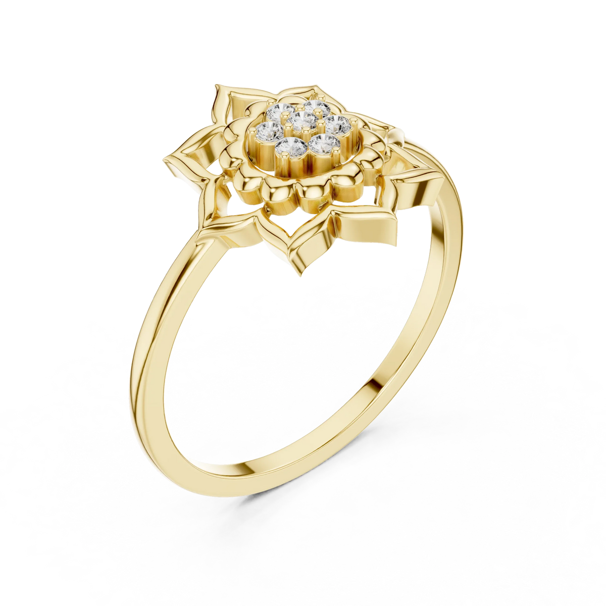 Lotus Mandala Flower Cluster Moissanite Ring in yellow 925 sterling silver, view 2