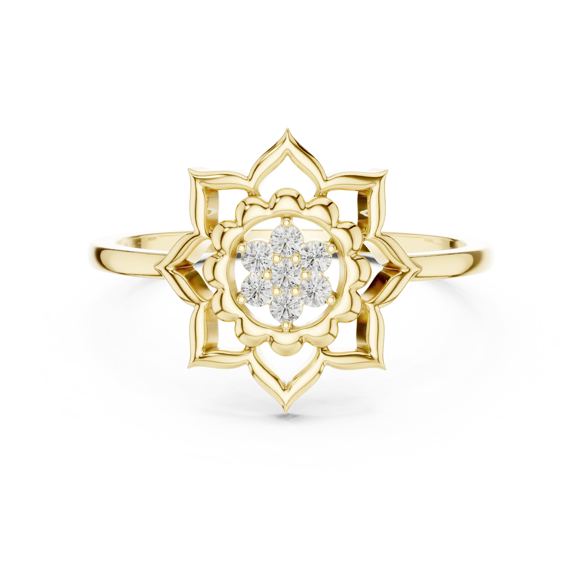 Lotus Mandala Flower Cluster Moissanite Ring in yellow 925 sterling silver, view 4