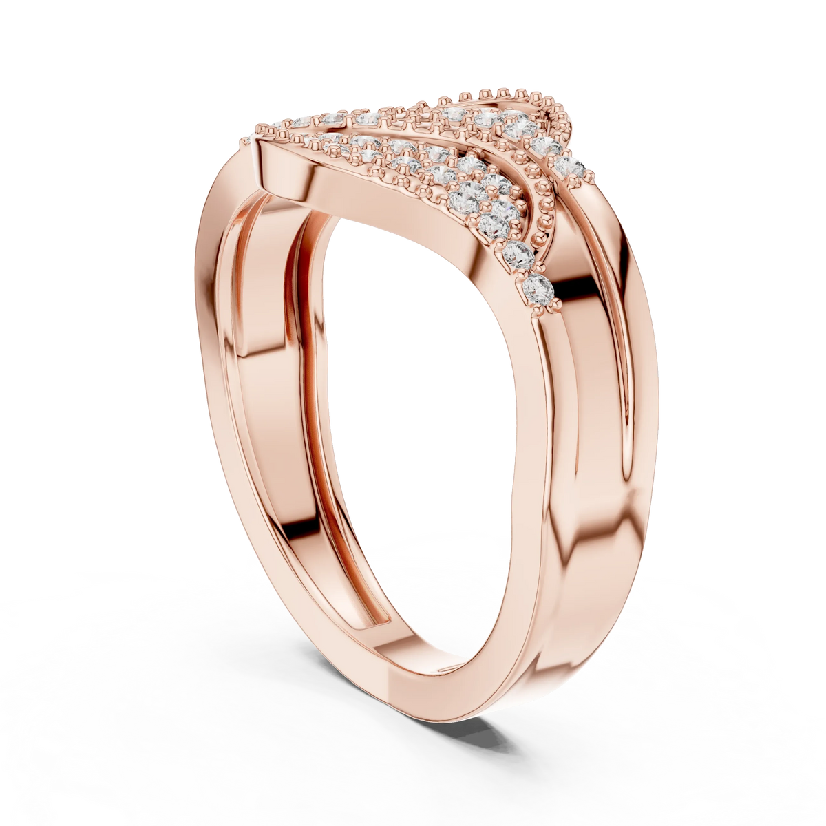 Wide Milgrain Wave Crossover Pavé Moissanite Ring in rose 925 sterling silver, view 1