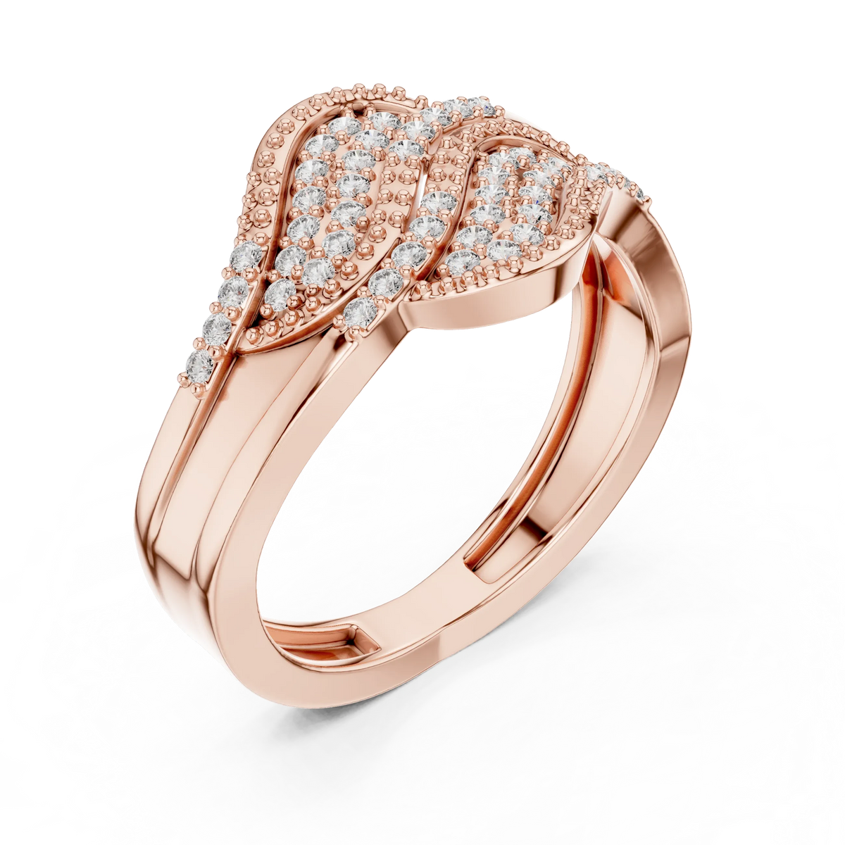 Wide Milgrain Wave Crossover Pavé Moissanite Ring in rose 925 sterling silver, view 2